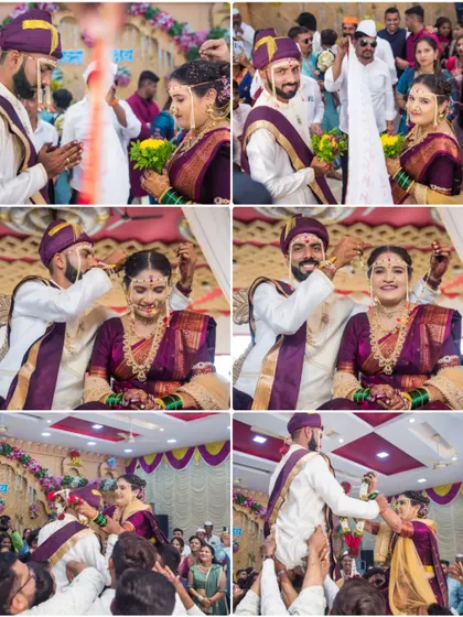 A collage capturing the energy and key moments of a Maharashtrian wedding ceremony, from rituals to the lifting of the couple.