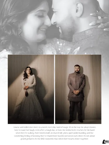 A collage telling the story of Gourav and Nidhi's love through individual portraits and a romantic overlay.