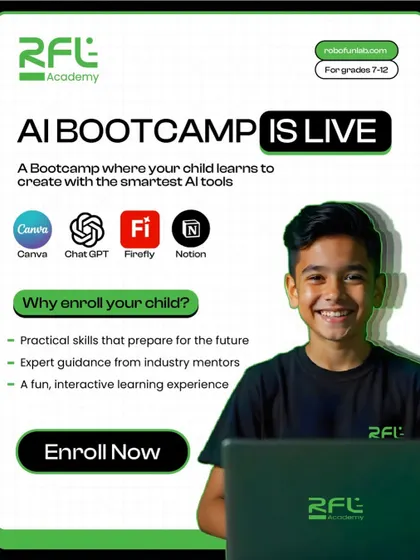 Our AI Bootcamp is live. This poster details why you should enroll your child, emphasizing practical skills, expert guidance, and a fun, interactive learning experience.