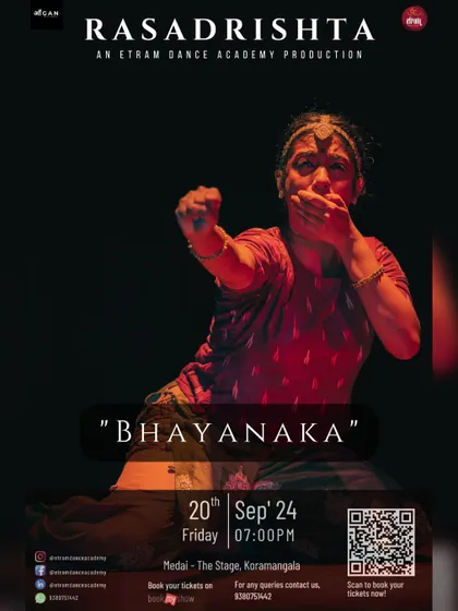 A dancer portrays 'Bhayanaka', the emotion of fear, with a gripping expression in this poster for our 'Rasadrishta' show.