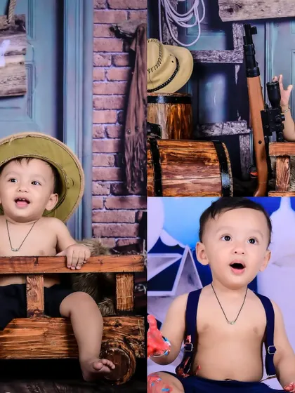 A collage showing a baby in a cowboy theme and a cake smash setup, perfect for a first birthday.