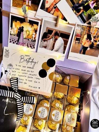 A personalized birthday hamper filled with fairy lights, polaroid memories, and lots of Ferrero Rocher chocolates at the client's request.