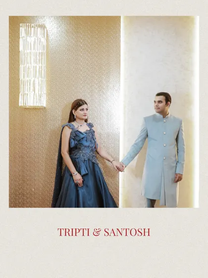 A stylish, modern portrait of the couple. We work with you to find poses that feel natural and reflect your personalities, whether it's for a sangeet or reception.