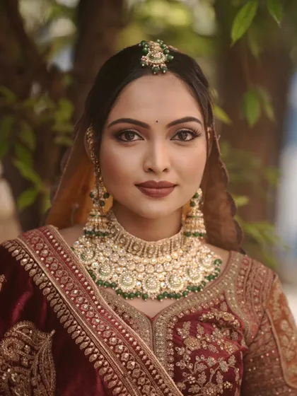 An outdoor shot of the same bride, showing how the makeup looks in natural, soft light.
