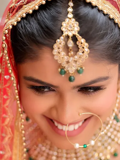 A beautiful close-up of a smiling bride looking down, showcasing her intricate maang tikka and bridal jewelry. This detailed shot is a perfect example of our focus on bridal portraits.