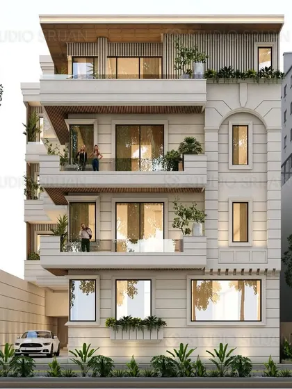 The front elevation of the Kirti Nagar project, showing the symmetrical balance and the use of recessed balconies to create a sense of depth and elegance.