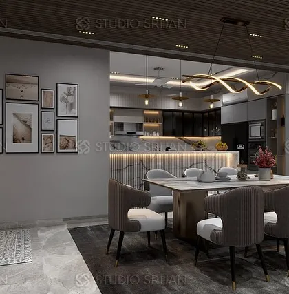 The dining area in the Sushant Lok project, which also includes a small mandir space, seamlessly integrated into the modern design.