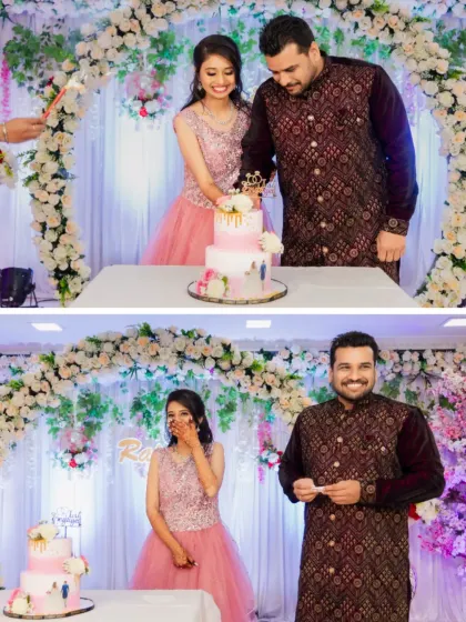 The cake-cutting ceremony, a sweet highlight of any engagement party. I capture both the formal cutting and the playful moments that follow.