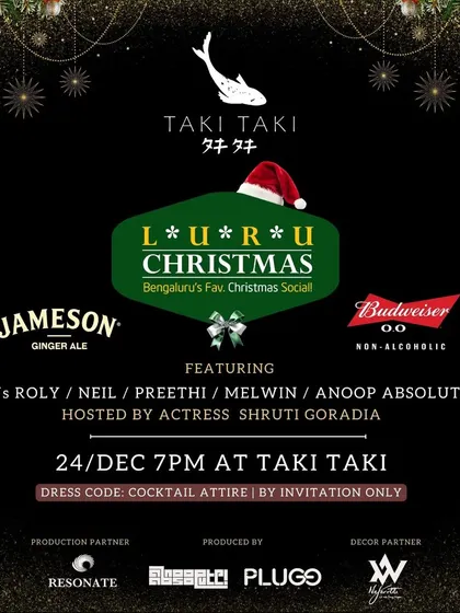 The flyer for Luru Christmas at Taki Taki. An evening of cocktail attire, festive decor, and a musical journey through retro and disco classics.
