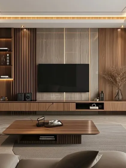 This is one of my signature entertainment walls, designed to be the focal point of the living room. It features a combination of fluted wood panels, marble-finish backdrops, and warm ambient lighting for a sophisticated look.