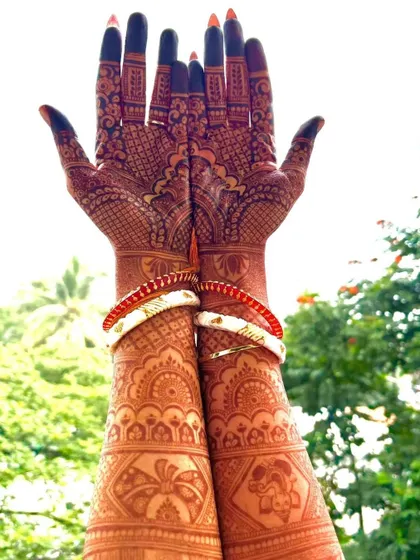 An artistic shot of the developed henna stain, showing its rich color against a natural background.
