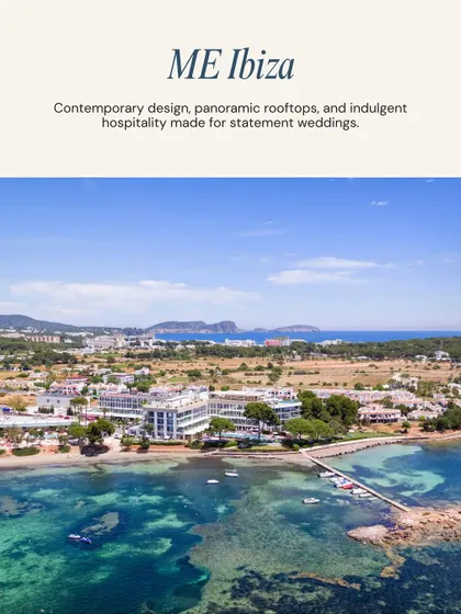 A top Ibiza venue: ME Ibiza. Known for its contemporary design, panoramic rooftops, and indulgent hospitality, this spot is made for statement weddings.