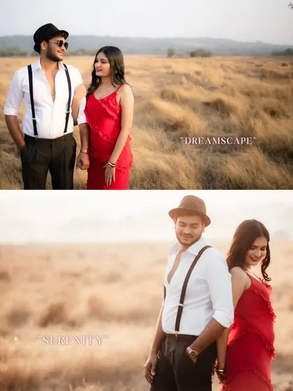 A diptych of Kunal and Meenakshi in a golden field, exuding vintage charm. His suspenders and her red dress create a classic, stylish look against the 'Dreamscape' backdrop.