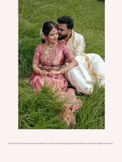 An intimate embrace in a field of green grass, this pre-wedding photo is full of warmth and love.