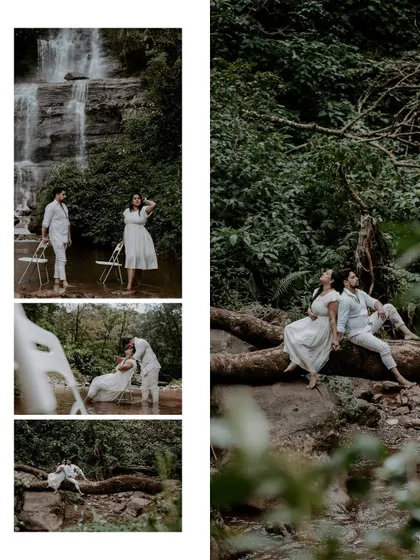 A creative collage from a waterfall shoot, showing the couple interacting with the natural environment.