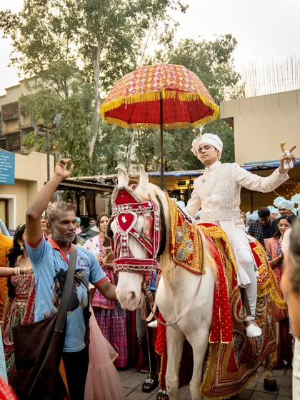 The groom makes his grand entrance on a beautifully adorned white horse, a classic and regal moment in any Indian wedding.