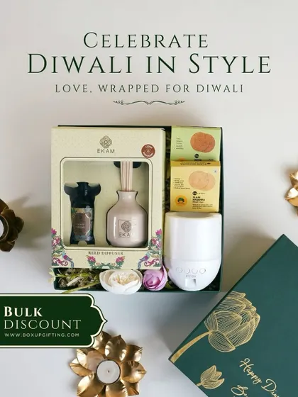 Celebrate Diwali in style with this hamper featuring a reed diffuser and other wellness products. It's a sophisticated choice for corporate or personal gifting.