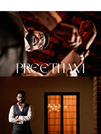 A stylish collage of the groom's reception portraits, showing him getting ready and looking sharp.
