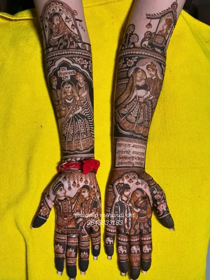 A full-arm design telling a wedding story. It includes multiple scenes like the varmala and doli, with detailed portraits of the bride and groom on the palms.