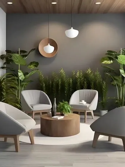 A biophilic waiting lounge concept, using indoor plants and natural materials to create a calming and welcoming atmosphere.