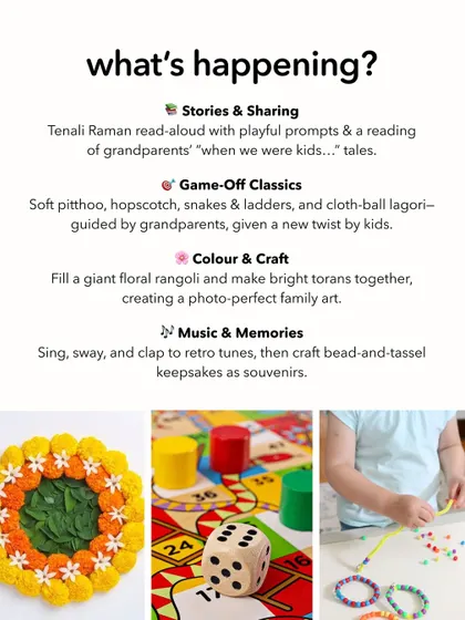 What's happening on Grandparents' Day? This graphic details the classic games like hopscotch, craft activities like making torans, and story sessions designed for kids and their grandparents to enjoy together.
