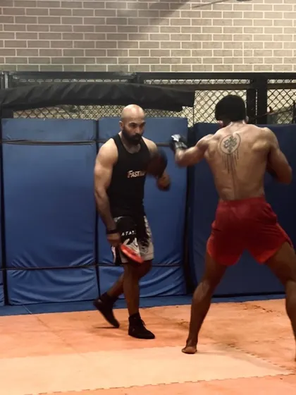 The work never stops. A snapshot of a one-on-one striking drill.