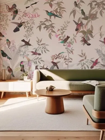 A beautiful wallpaper filled with colorful hummingbirds flitting among branches, bringing life and movement to the wall.