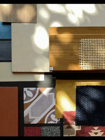 We then move to creating mood boards. This one explores a palette of earthy tones, patterned tiles, and natural textures like wood, cane, and woven fabrics.