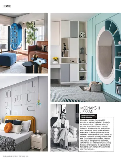 A spread from the Good Homes Magazine feature, showcasing the playful kids' room and a bold yellow bedroom from the Evelyn project, alongside a small feature on me.