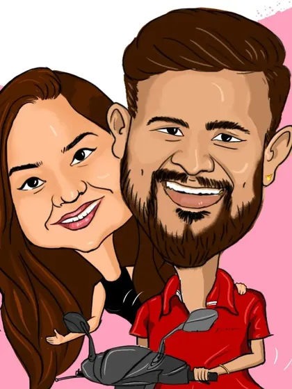 A bright and cheerful couple caricature, perfect for celebrating a special bond. This digital illustration captures their happy expressions and is a wonderful keepsake.