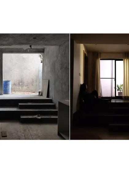 A before-and-after comparison at the Franklin Residence, showing a raw concrete space transformed into a tranquil, stepped seating nook. This highlights the transformative power of thoughtful interior architecture and finishing.