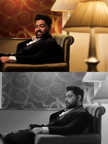 A pair of portraits of the groom looking relaxed and dapper in his tuxedo during the reception, captured in both color and black and white.