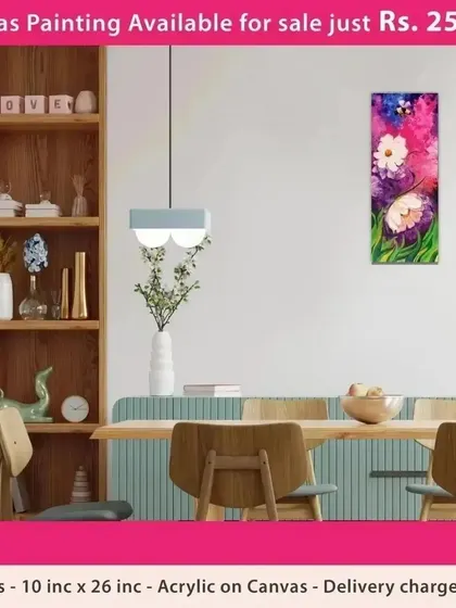 This is a digital mockup showing how the "Pink Blossom Flowers" canvas painting could look in a modern dining area. Its vertical orientation makes it ideal for narrow walls or accent spaces.