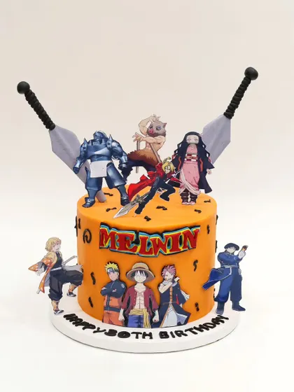 An action-packed cake for an anime lover, featuring characters from various popular series like Naruto and Demon Slayer.