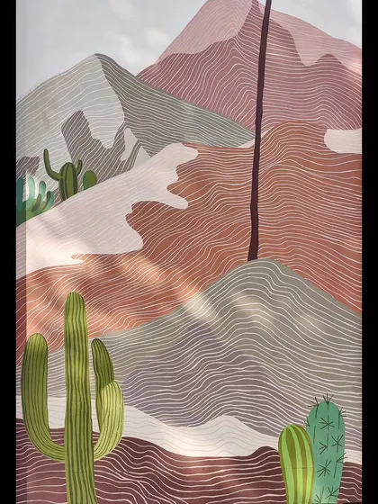 A close-up of the desert landscape portion of the mural, with its gentle rolling hills and cacti.