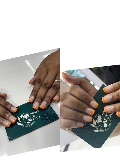 A collage showing the process and final result of a colored French tip manicure. This gives you a glimpse into how I create these clean and colorful looks.