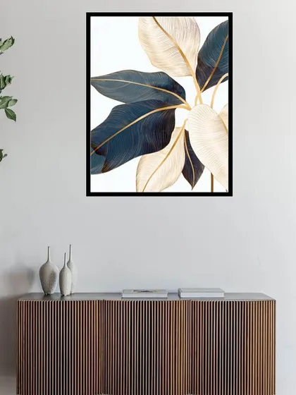 This single framed print showcases the elegant form of a banana crotonifolia leaf. The mix of deep blue and cream with golden veins makes it a sophisticated and stylish piece of botanical art.