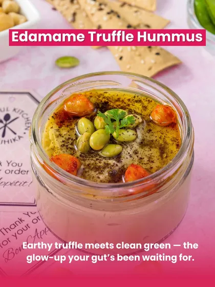 Earthy truffle meets clean green edamame in this luxurious dip. Our Edamame Truffle Hummus is the sophisticated and healthy detox your gut has been waiting for.