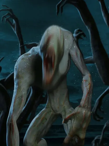 A close-up of the "Blind Demon," a creature with a blurred, indistinct face. I used motion blur on the face to create a sense of rapid, unnatural movement, making it impossible to focus on.