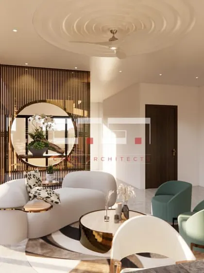 This render showcases a bright living room with a unique circular wooden partition, curved white sofa, and a ceiling with a ripple pattern.