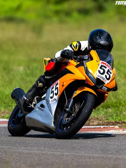 Another angle of Parichay Sharma executing a perfect lean. Notice the precise body position and head turn, fundamental techniques we drill into every student for optimal cornering.