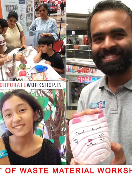An 'Art of Waste Material' workshop for both kids and adults. These sessions are designed to teach sustainability and creativity by turning trash into treasure.