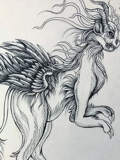 A close-up of the mythical winged creature.