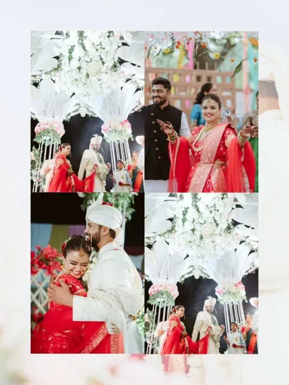 A collage of joyful moments from the Varmala ceremony. The couple's laughter and embrace are beautifully captured.