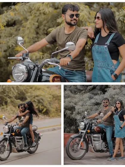 A cool and casual shoot with a Royal Enfield motorcycle. The couple's relaxed poses and stylish sunglasses give these photos a fun, road-trip vibe.
