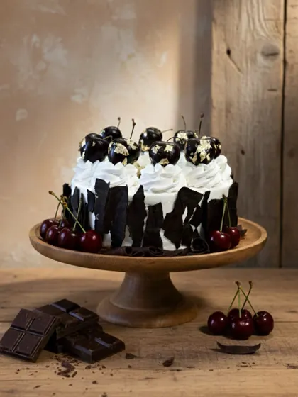 I believe classic flavors deserve a modern touch. This is my take on the Black Forest cake, featuring layers of moist eggless chocolate sponge, fresh cherry compote, and light whipped cream, finished with architectural dark chocolate shards and gold-leaf cherries for a sophisticated look.