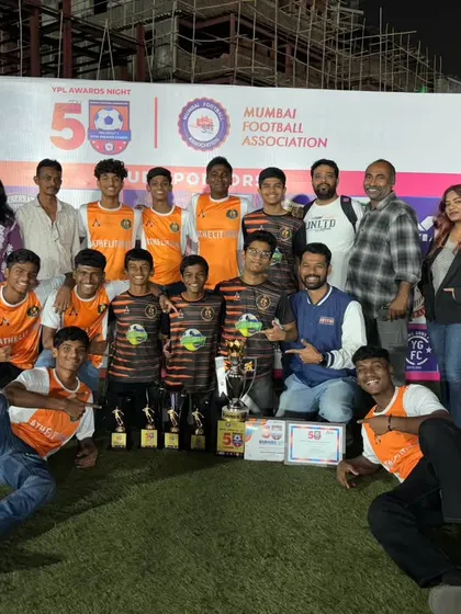 The U15 team, coaches, and parents celebrating their runner-up trophy for the MFA YPL U15 Division 2 season.