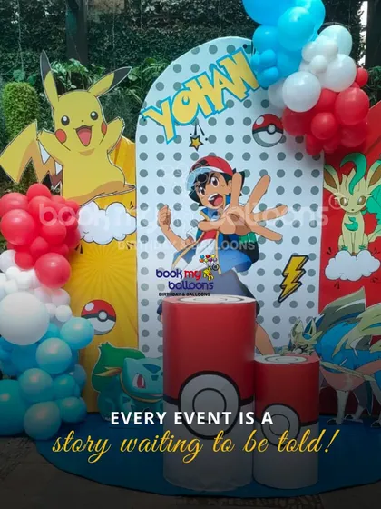 We helped Yohan "catch 'em all" with this exciting Pokémon themed birthday. The outdoor setup featured Pikachu and Ash cutouts against a custom backdrop, with red, white, and blue balloons representing the iconic Poké Ball colors.