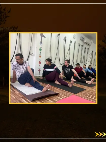 Another view of the class in Vakrasana, showing the gentle twist of the spine.