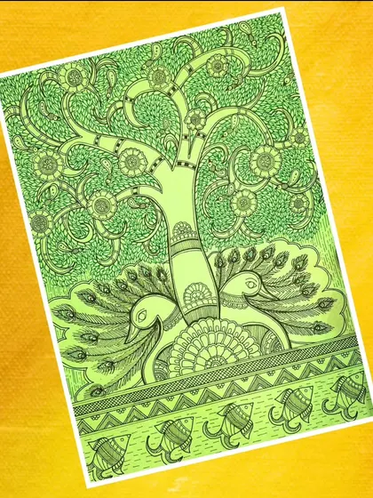 A student's Madhubani painting of peacocks under the tree of life, rendered in a striking monochrome green. We encourage creative interpretations of traditional themes.